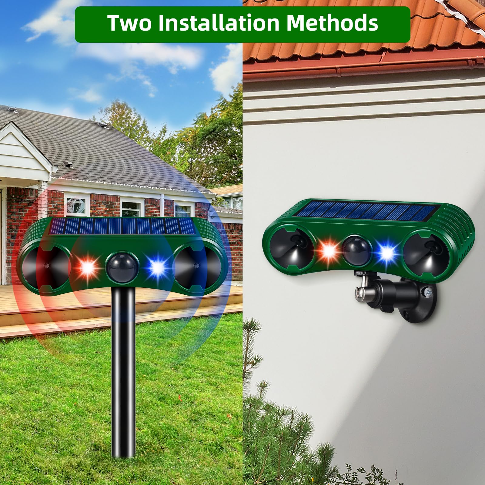 2 Pcs Solar Ultrasonic Animal Repellent, 2024 Nocturnal Animal Deterrent with Motion Detection Siren Red Blue LED Predator Light for Cat Coyote Deer Dog Bird Squirrel Skunk for Yard Lawn Chicken Coop