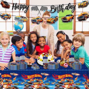 102pcs Hot Birthday Decorations Tableware Racing Car Theme Party Supplies Set Include Happy Birthday Banner, 9 Inches Plates, 7 Inches Plates, Napkins, Cups, Fork and Tablecloth for Serve 20