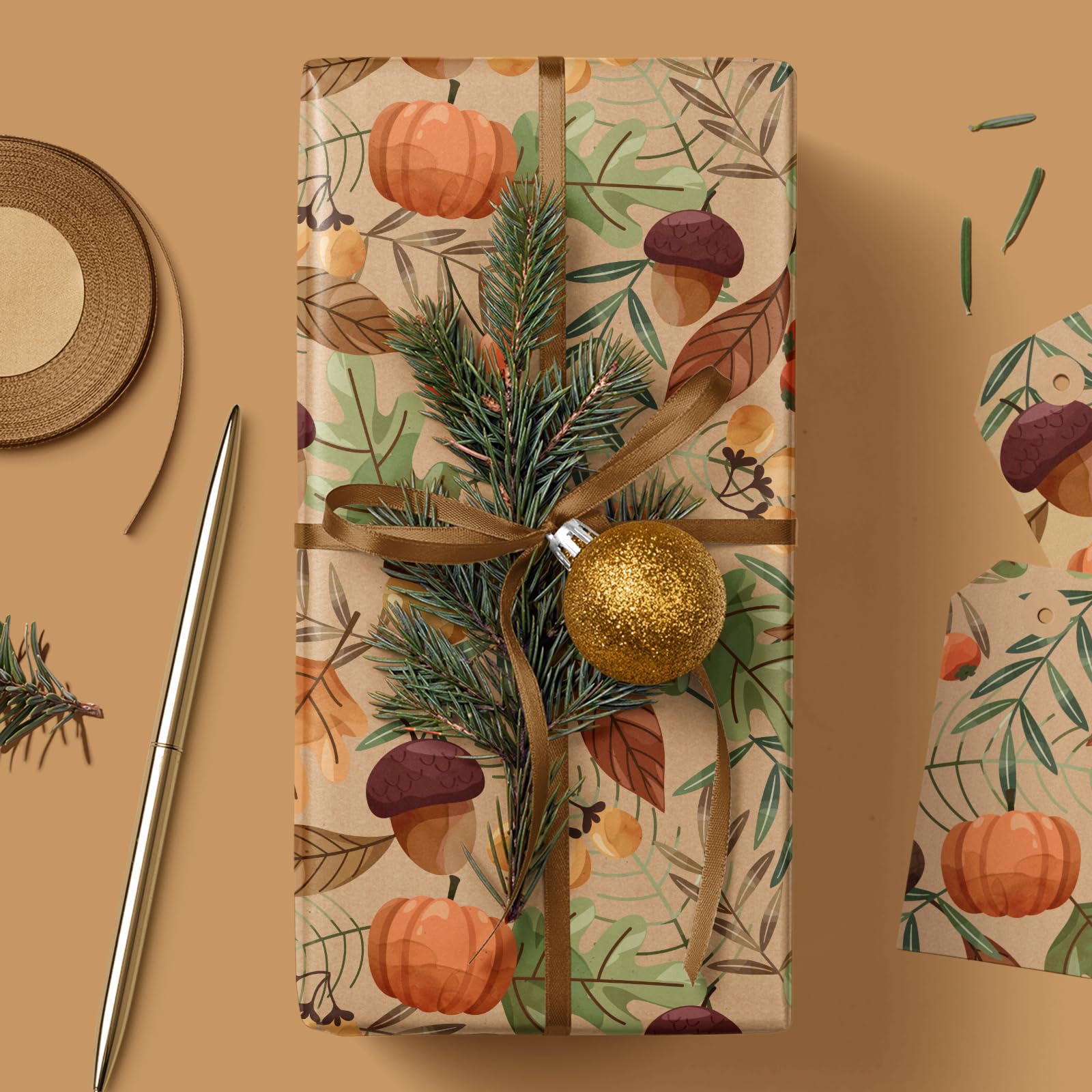 WRAPAHOLIC Kraft Fall Wrapping Paper - Mini Roll - 3 Rolls - 17 Inch x 120 Inch - Pumpkin, Hedgehog and Thanksgiving Lettering Design for Thanksgiving, Autumn, Party, Holiday