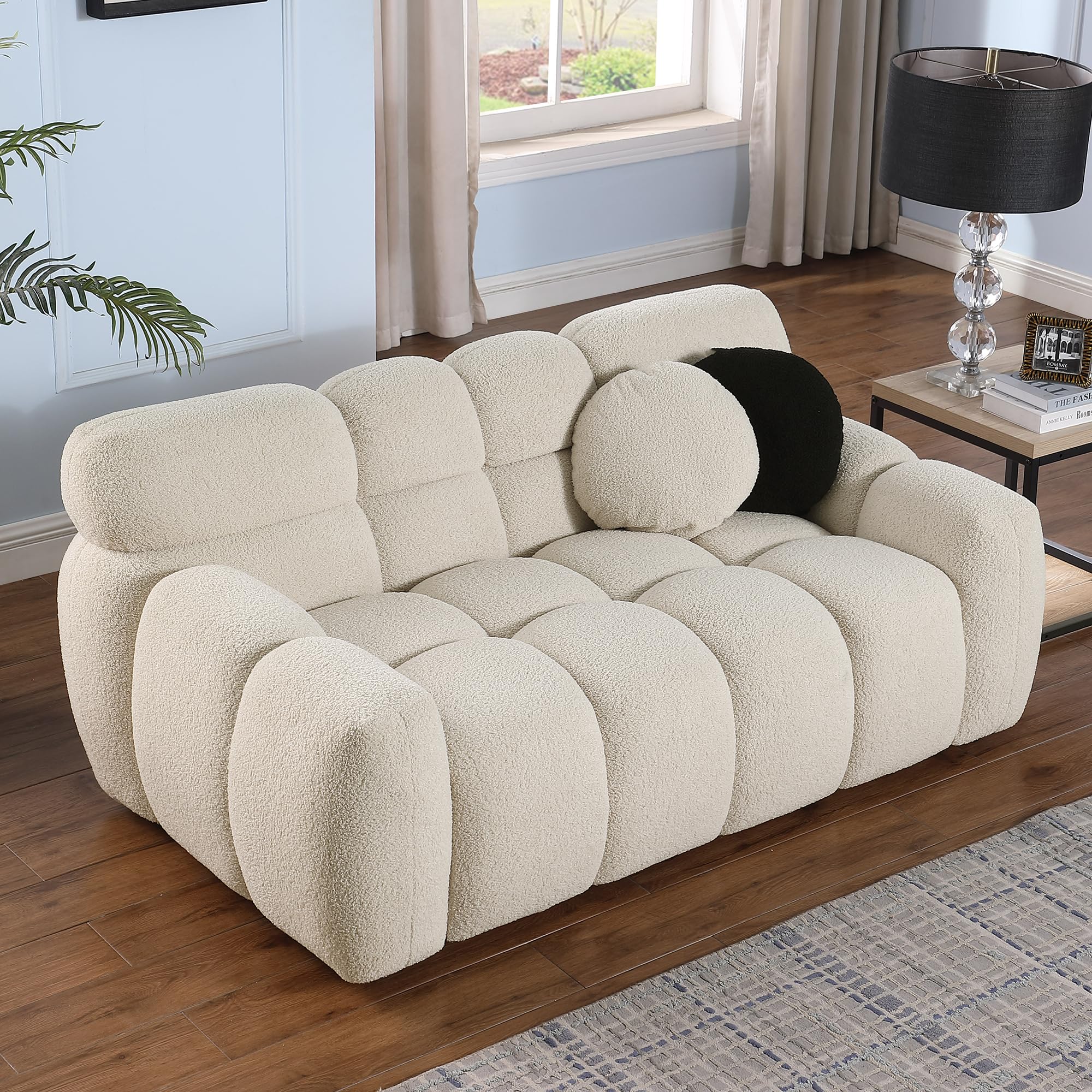 CALABASH 65" Boucle Loveseat Sofa, Modern Tufted Love Seat Cloud Couch with 2 Pillows, Comfy 2 Seater Deep Seat Small Couch for Living Room Apartment Office, Beige