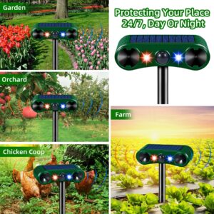 2 Pcs Solar Ultrasonic Animal Repellent, 2024 Nocturnal Animal Deterrent with Motion Detection Siren Red Blue LED Predator Light for Cat Coyote Deer Dog Bird Squirrel Skunk for Yard Lawn Chicken Coop