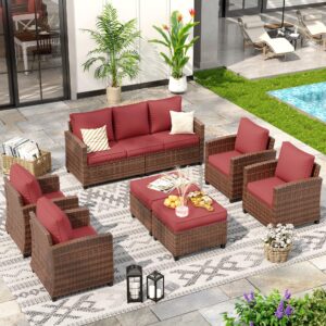 vonzoy patio furniture set, 7 pieces outdoor sectional sofa couch with chairs, ottomans and comfy cushions, all weather wicker rattan patio conversation set for garden backyard wine red