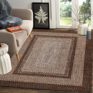 RUGSREAL 10x13 Large Living Room Rug Braided Print Rug Boho Accent Throw Carpet Farmhouse Rustic Rug Non Slip Geometric Bordered Area Rug Bohemian Carpet for Bedroom Home Decor Office, Brown