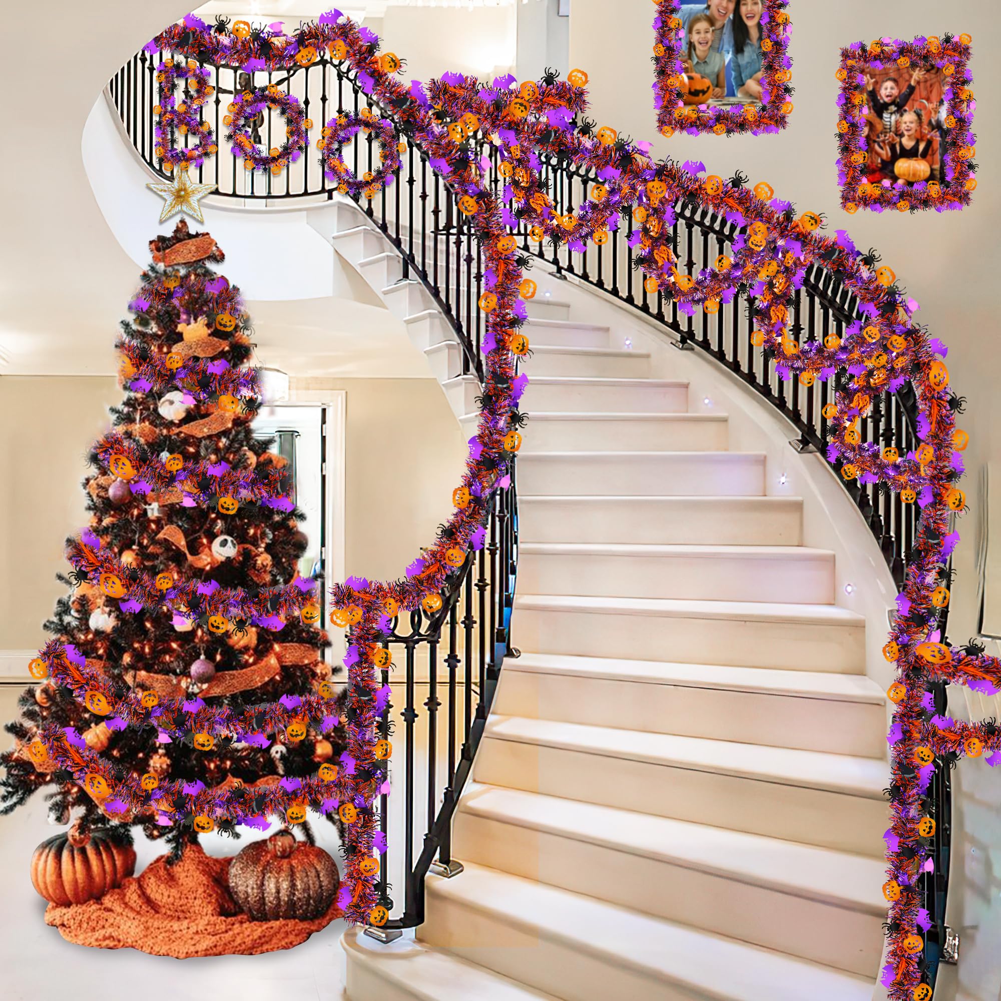 Halloween Decorations,33 Ft Halloween Tinsel Garland with Orange Pumpkin Black Spider Purple Bat, Shiny Metallic Garland Halloween Garland for Home Tree Indoor Outdoor Halloween Party Decorations