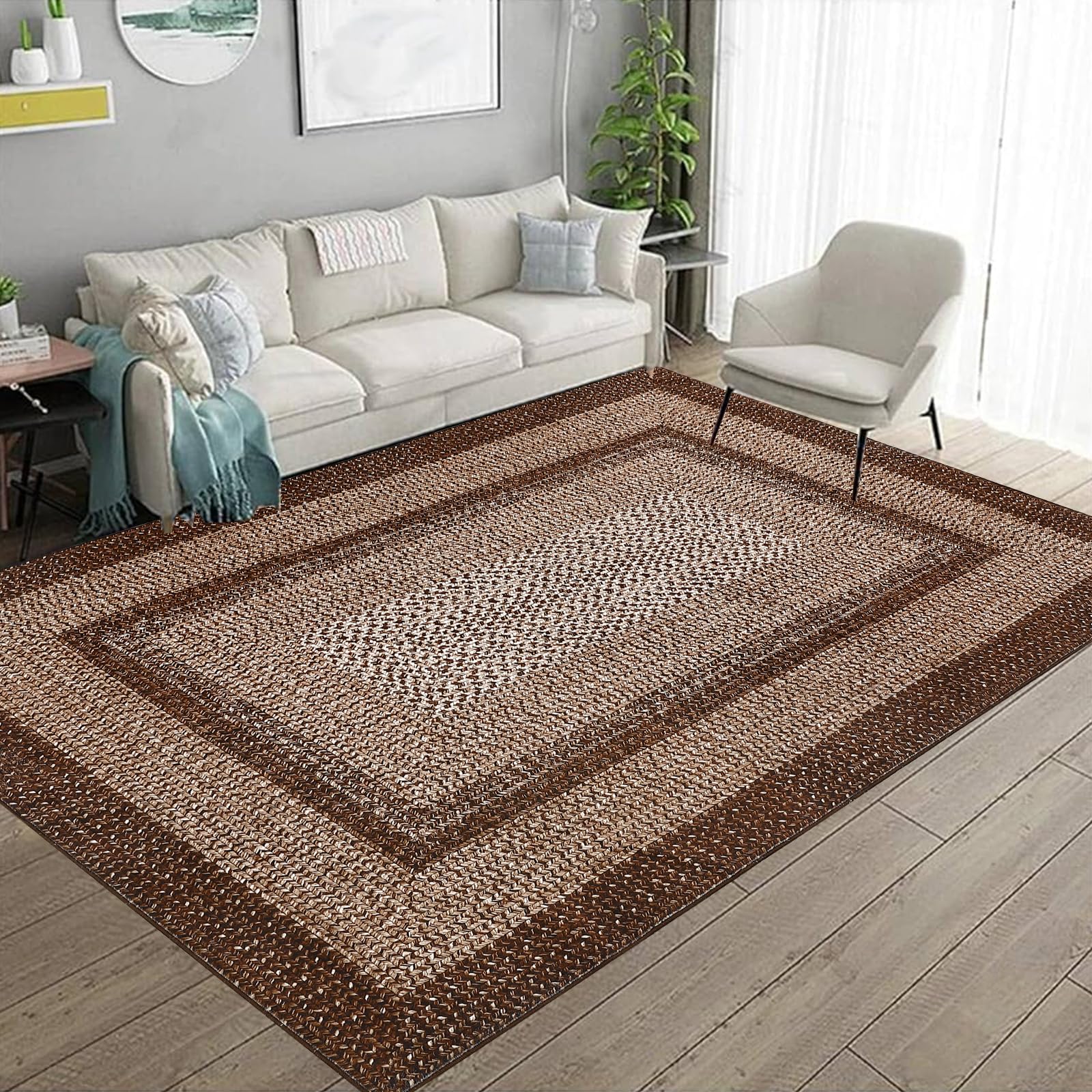 RUGSREAL 10x13 Large Living Room Rug Braided Print Rug Boho Accent Throw Carpet Farmhouse Rustic Rug Non Slip Geometric Bordered Area Rug Bohemian Carpet for Bedroom Home Decor Office, Brown