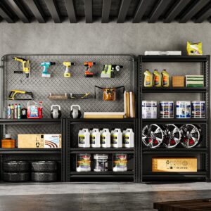 POOUPHV 72" H Garage Shelving Heavy Duty Storage Shelves Loads 2000LBS,Adjustable 5 Tier Garage Storage Shelves Rack Shelf for Basement, Pantry, Warehouse, Kitchen, 72" H x 31.5" W x 15.7" D, Black