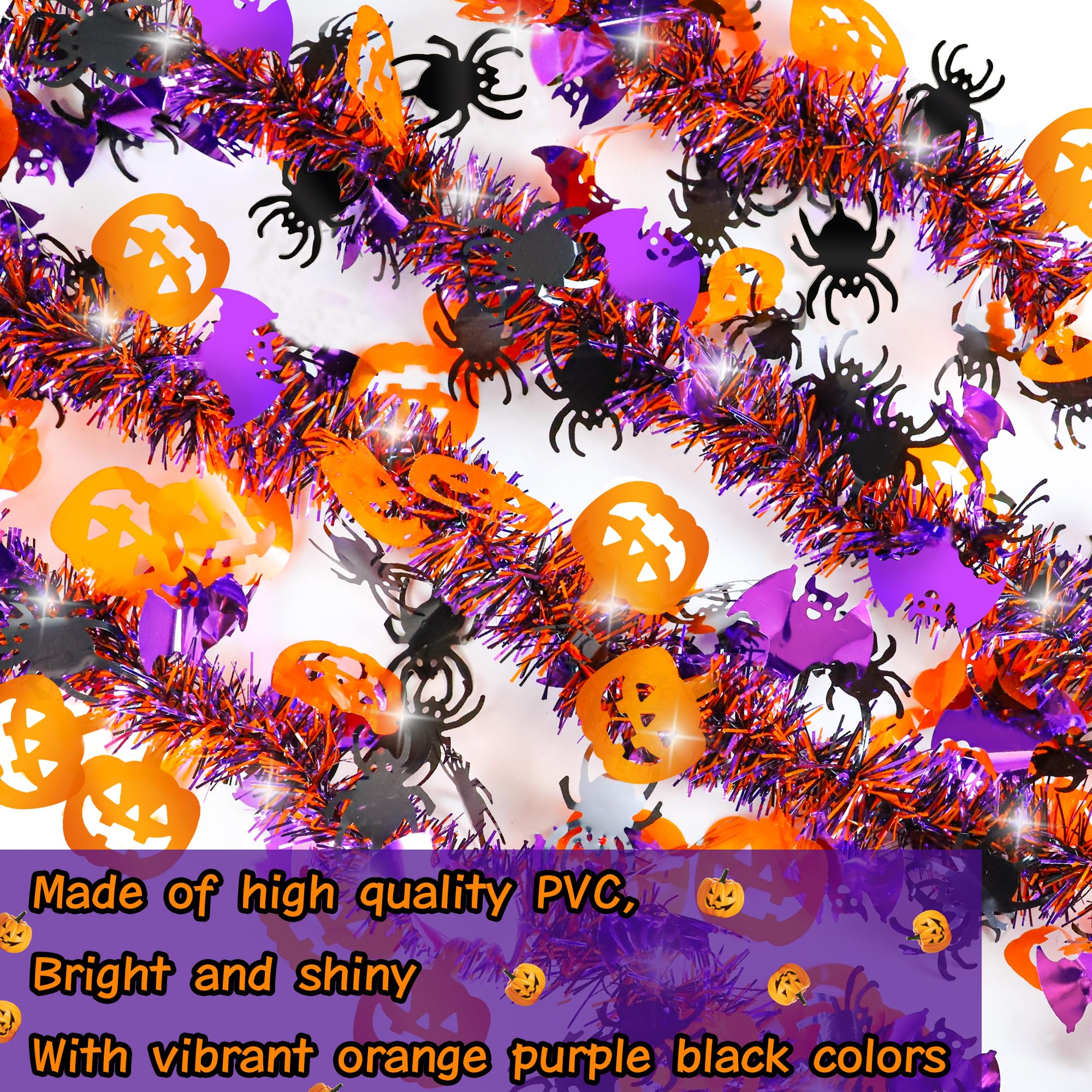 Halloween Decorations,33 Ft Halloween Tinsel Garland with Orange Pumpkin Black Spider Purple Bat, Shiny Metallic Garland Halloween Garland for Home Tree Indoor Outdoor Halloween Party Decorations