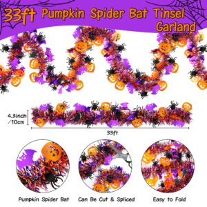 Halloween Decorations,33 Ft Halloween Tinsel Garland with Orange Pumpkin Black Spider Purple Bat, Shiny Metallic Garland Halloween Garland for Home Tree Indoor Outdoor Halloween Party Decorations