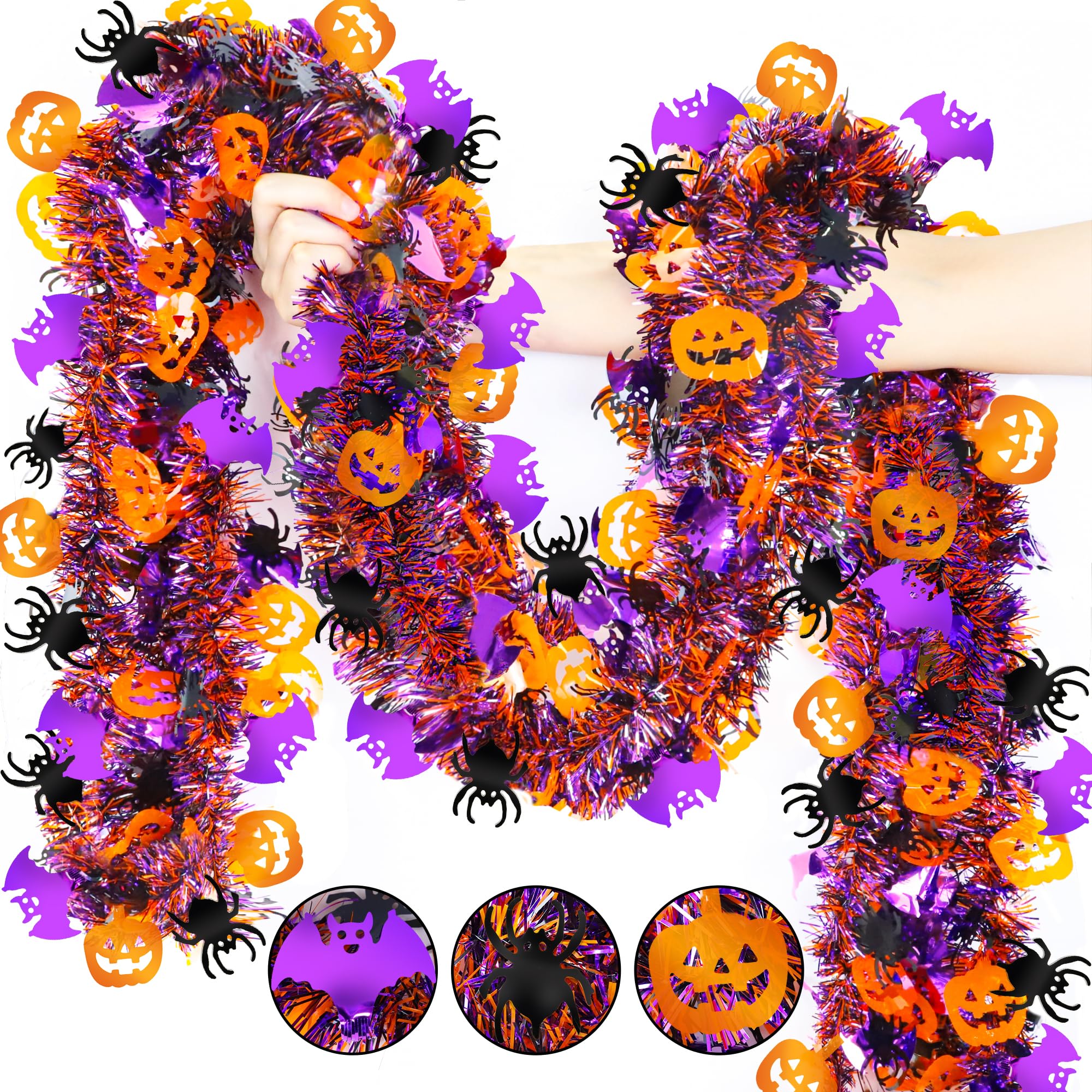 Halloween Decorations,33 Ft Halloween Tinsel Garland with Orange Pumpkin Black Spider Purple Bat, Shiny Metallic Garland Halloween Garland for Home Tree Indoor Outdoor Halloween Party Decorations