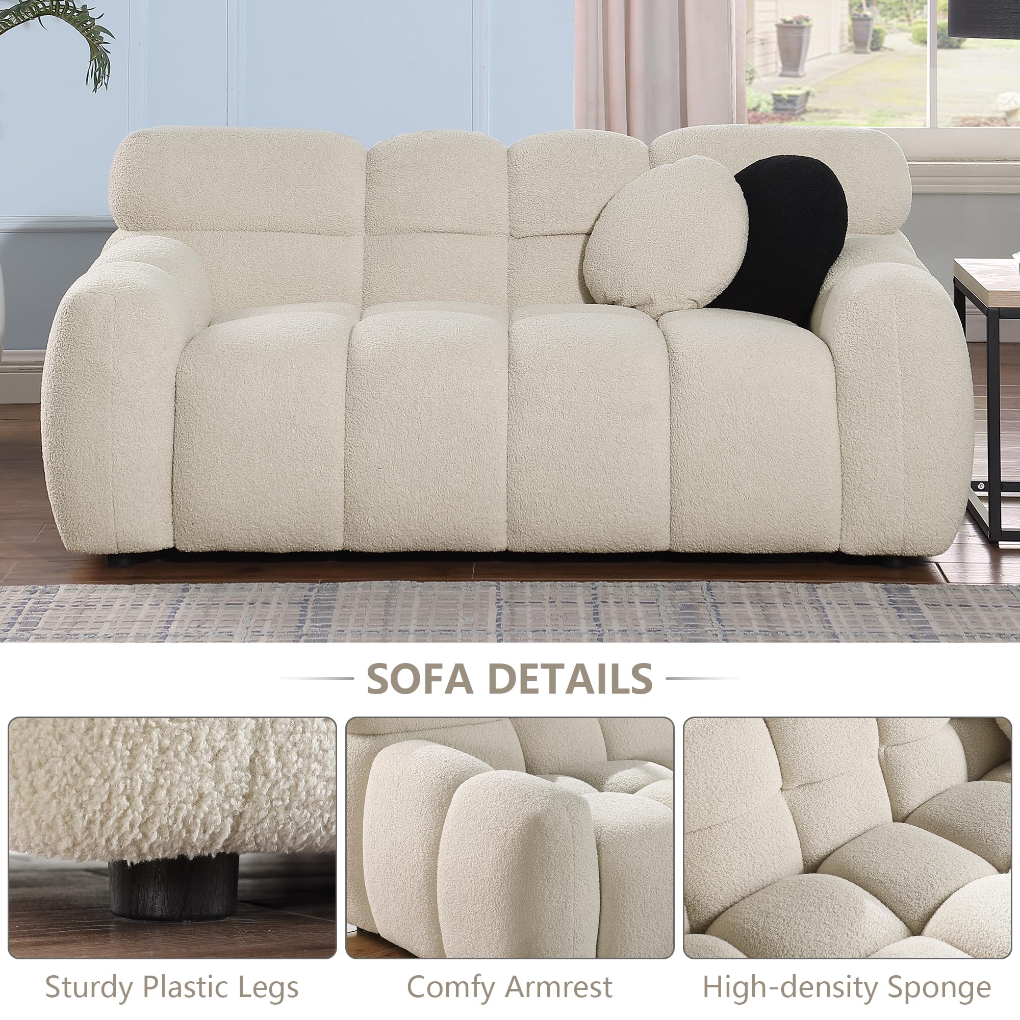 CALABASH 65" Boucle Loveseat Sofa, Modern Tufted Love Seat Cloud Couch with 2 Pillows, Comfy 2 Seater Deep Seat Small Couch for Living Room Apartment Office, Beige