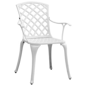 vidaXL White Cast Aluminum Patio Dining Set - Square Garden Table and Four Chairs with Umbrella Hole for Outdoor, Lawn, Backyard