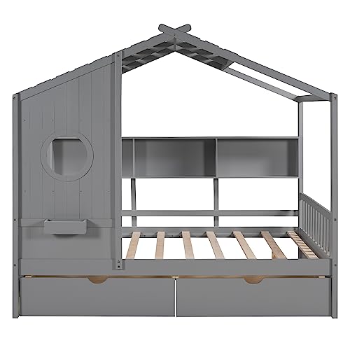 DEYOBED Kids Wooden House Bed, Full Size House Bed Frame with Storage Shelf, 2 Drawers and Roof for Boys Girls, Kids Montessori Bed with Playhouse Design for Bedroom, Space-Saving, Full, Gray