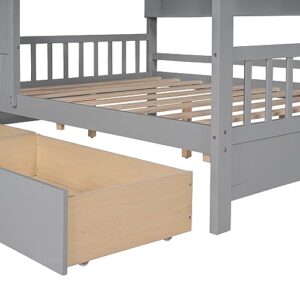 DEYOBED Kids Wooden House Bed, Full Size House Bed Frame with Storage Shelf, 2 Drawers and Roof for Boys Girls, Kids Montessori Bed with Playhouse Design for Bedroom, Space-Saving, Full, Gray