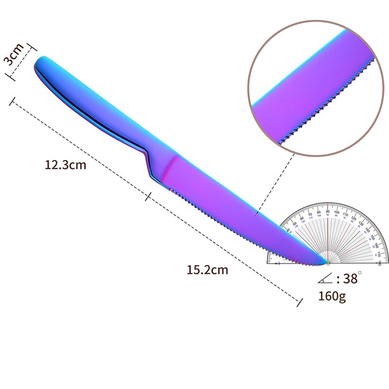 BISDARUN Steak Knife Set, 5 Piece Serrated Heavy Duty Stainless Steel Table Knife, One Piece Handle, Cuts Steak and Chicken, Bread (Rainbow Color)