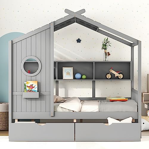 DEYOBED Kids Wooden House Bed, Full Size House Bed Frame with Storage Shelf, 2 Drawers and Roof for Boys Girls, Kids Montessori Bed with Playhouse Design for Bedroom, Space-Saving, Full, Gray