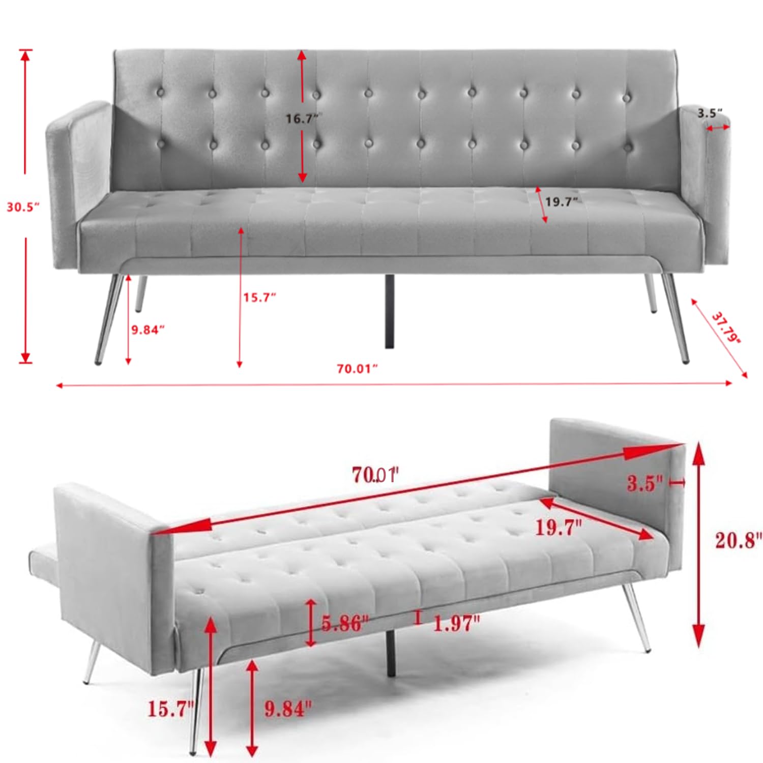 anwickjeff Modern Velvet Futon Sofa Bed, Convertible 3 Adjustable Couch Loveseat with 2 Pillows, Folding Upholstered Sleeper with 5 Metal Leg for Living Room Apartment Office Bedroom (Green)