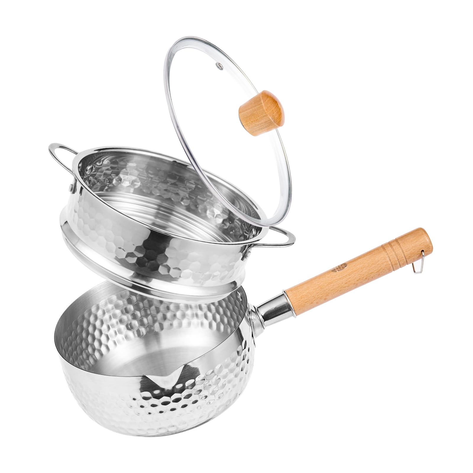 WANGYUANJI Stainless Steel Saucepan with Steamer and Glass Lid,7"Nonstick Snow Flat Pot for One Person,1.8 Quart Multi-Purpose Saucepan Set for Deep-Frying,Steaming,Boiling and Stir-Frying