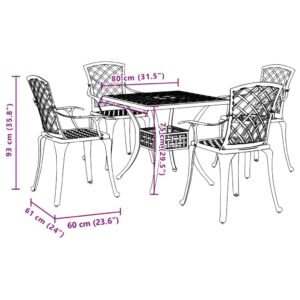 vidaXL White Cast Aluminum Patio Dining Set - Square Garden Table and Four Chairs with Umbrella Hole for Outdoor, Lawn, Backyard