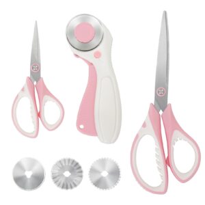 manufore pink professional sewing scissors set: big scissors, small scissors, rotary cutter with 3pcs extra blades for cutting fabric