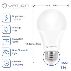 VATION LIGHTING A19 LED Light Bulb Bright White Daylight 5000K, 100 Watt Equivalent, Efficient 14 Watt, 1700 Lumens, E26 Medium Base, Non-Dimmable, ETL/UL Listed, 6 Pack