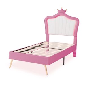 Crown Headboard Twin Size Princess Bed for Girls,Upholstered Twin Bed Frame with LED Lights for Kids,Twin Bed for Girls,Adjusted Headboard(Twin,Pink)