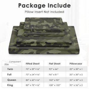 Pinbeam 4 Pcs Fitted Sheet Set Full Size with 16" Deep Pocket, Army Camouflage Camo Bedding Set with Pillowcases for Kids and Adults, Military French Green Flat Bed Sheet Set