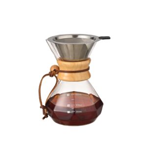 newouger pour over coffee maker with double-layer stainless steel filter,13.5 oz borosilicate pour over coffee dripper glass coffee carafe for home,camping, hiking