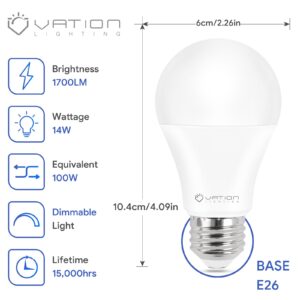 VATION LIGHTING A19 LED Light Bulbs Super Bright 3000K Warm White, 100 Watt Equivalent, Efficient 14Watt, 1700 Lumens, E26 Medium Base, Dimmable, ETL/UL Listed, 6 Pack