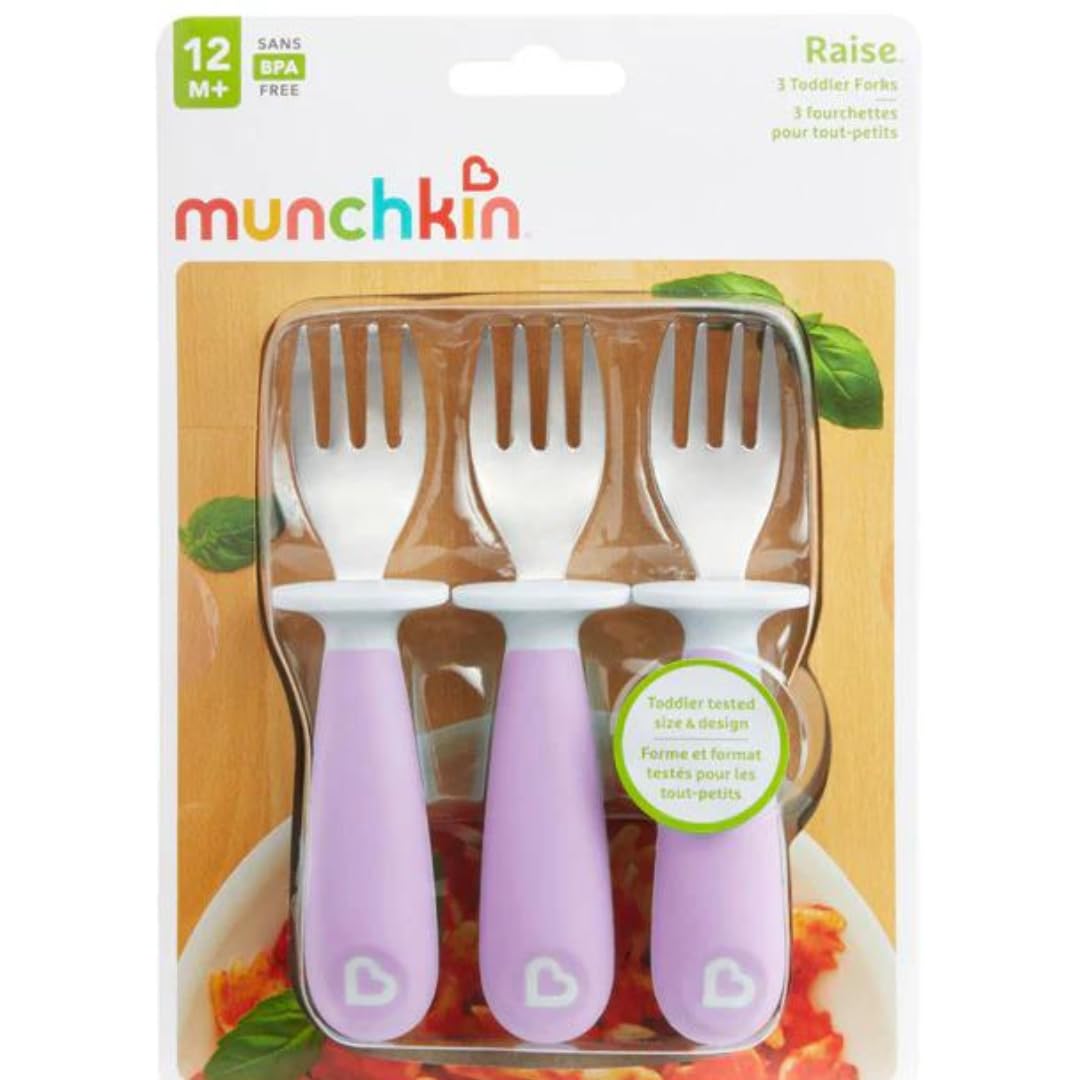 Munchkin® Raise™ Toddler Fork Set, 3 Pack, Stainless Steel, Plastic, Adorable Pink Toddler Utensils Forks: Munchkin’s 3-Piece Set for Happy Mealtimes! (Purple)