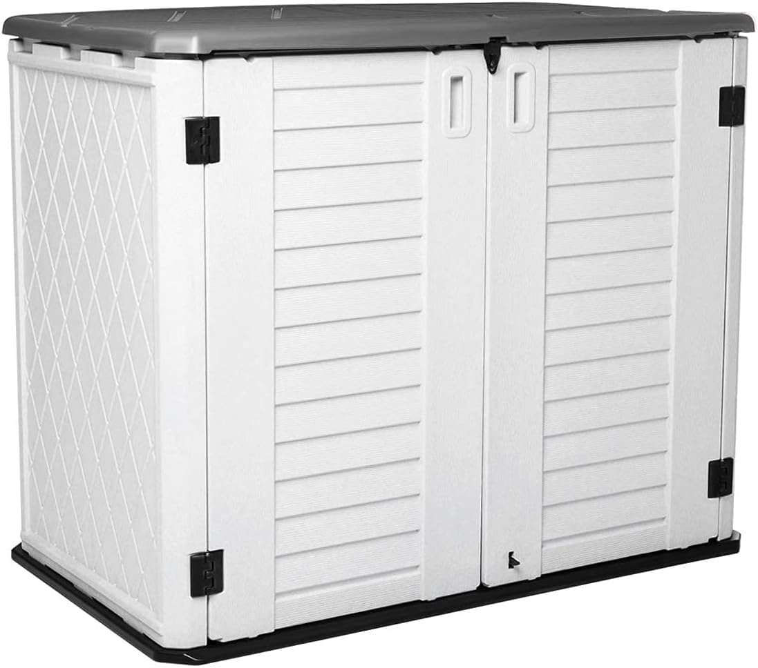 KINYING Outdoor Storage Cabinet,4 x 3.4 FT Outdoor Storage Shed with Lockable Doors, All-Weather Resin Shed for Trash Cans, Garden Tools,26 Cubic Feet,Off White