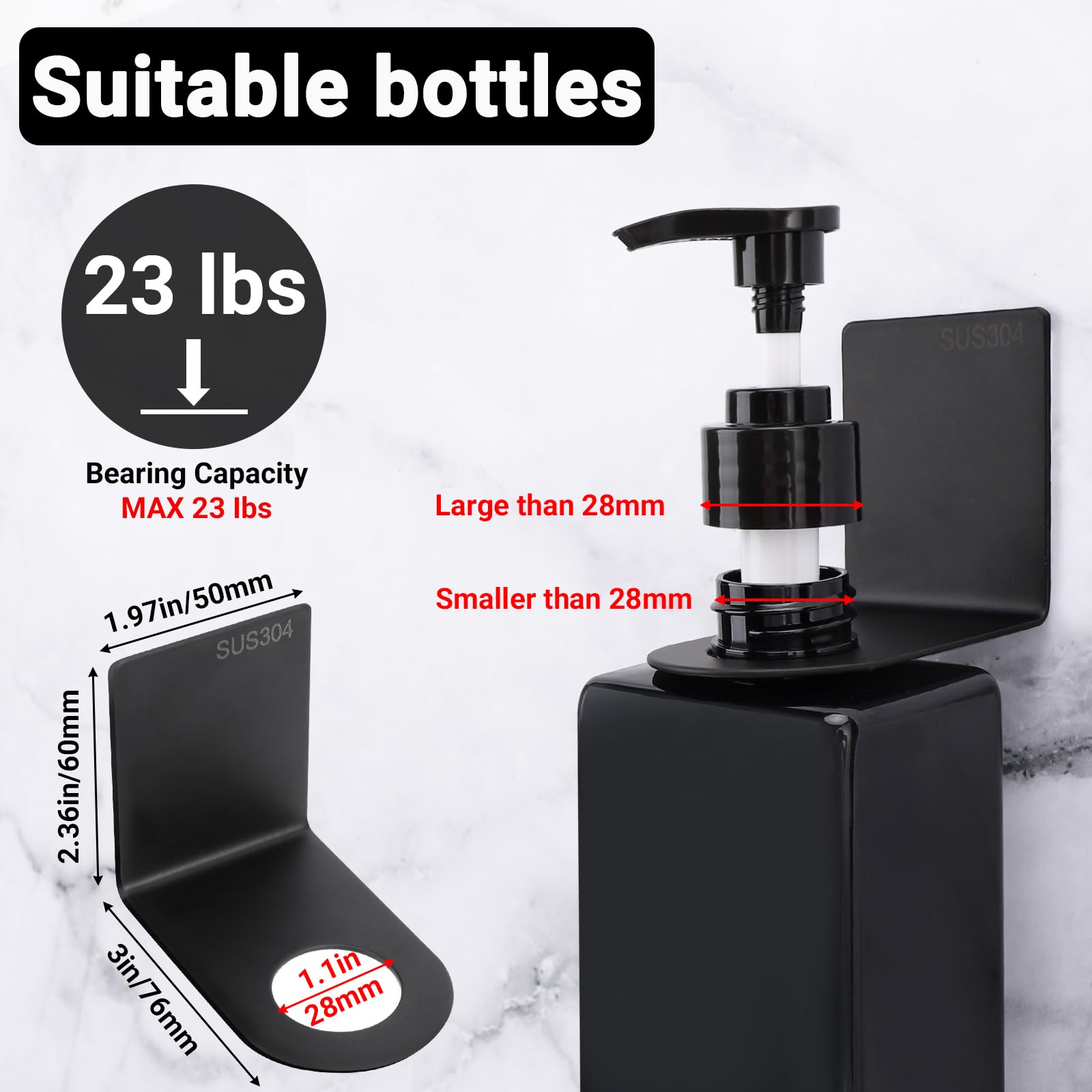 Segbeauty Adhesive Bottle Holder for Soap Dispenser, 3pcs 1.1inch 2.8cm Drill-Free Shower Bottle Holder Stainless Shower Shampoo Holder Wall Mounted, Black Hanging Rack for Bottle Hotel Toilet Kitchen