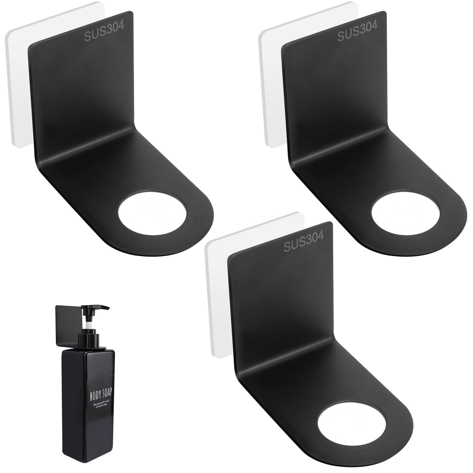 Segbeauty Adhesive Bottle Holder for Soap Dispenser, 3pcs 1.1inch 2.8cm Drill-Free Shower Bottle Holder Stainless Shower Shampoo Holder Wall Mounted, Black Hanging Rack for Bottle Hotel Toilet Kitchen