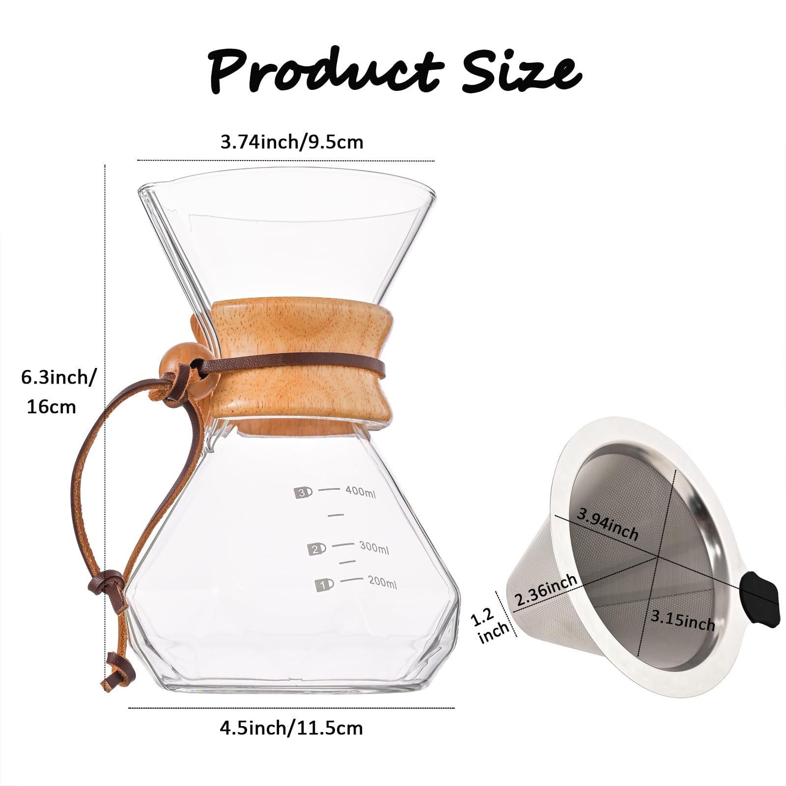 NEWOUGER Pour Over Coffee Maker with Double-layer Stainless Steel Filter,13.5 OZ Borosilicate Pour Over Coffee Dripper Glass Coffee Carafe For Home,Camping, Hiking