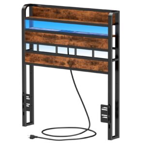 furnulem twin size headboard only 2 outlets 2 usb ports bed headboards with charging station 2 tier storage headboard shelf for dorm bedroom sturdy adjustable rgb light headboards rustic brown