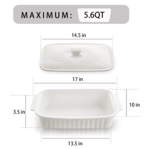 Casserole Dish with Lid, 5.6 Quart Covered Casserole Dish Cookware, 9x13.5 Deep Baking Dish for Oven,Lasagna Pan Ceramic Bakeware for Baking, Easy to Clean, White