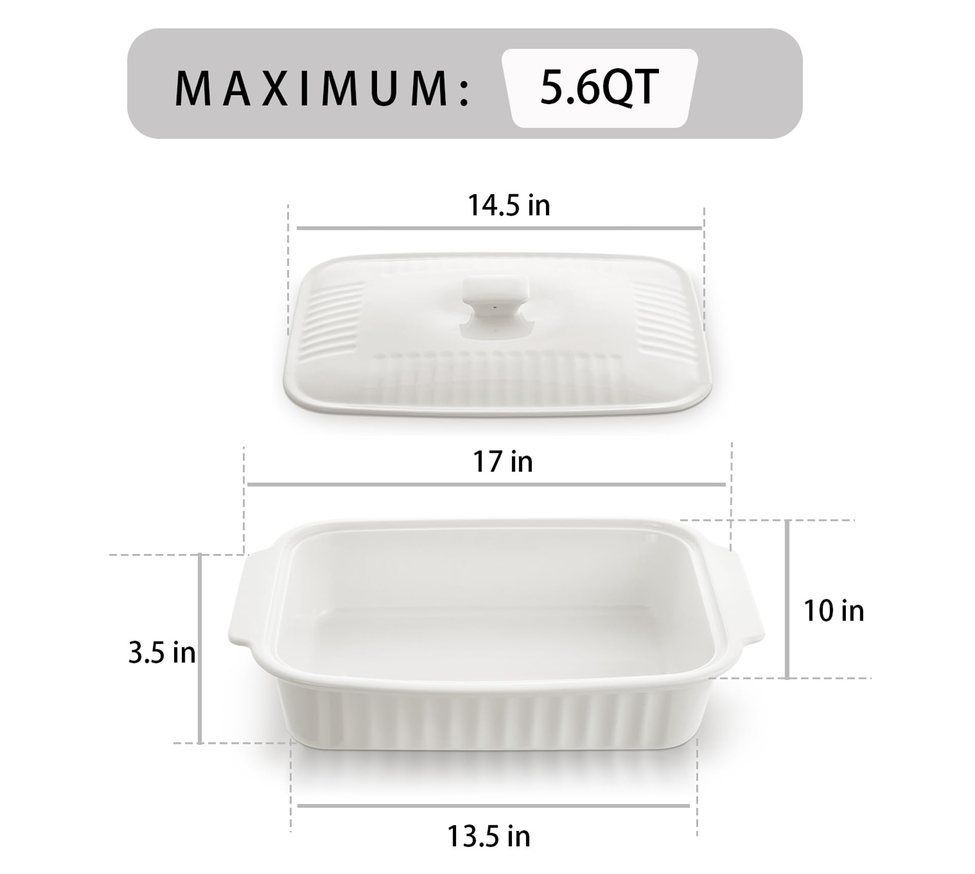 Casserole Dish with Lid, 5.6 Quart Covered Casserole Dish Cookware, 9x13.5 Deep Baking Dish for Oven,Lasagna Pan Ceramic Bakeware for Baking, Easy to Clean, White