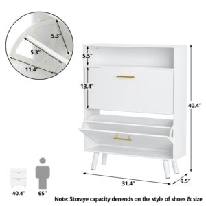 SINROM Shoe Cabinet for Entryway, Slim Shoe Storage Cabinet with 2 Flip Drawers, Freestanding Shoe Organizer with Open Shelf for Hallway, White