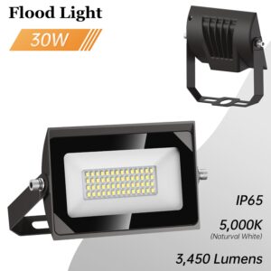 dephen 30W LED Flood Lights Outdoor with Bracket Mount, 3450Lumen 5000K LED Wall Pack Floodlight, IP65 Waterproof LED Security Lighting for Yard Patio Garden 120V (UL-Listed)