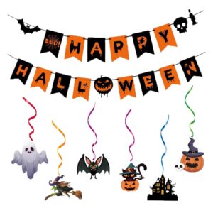 dwearty happy halloween party banner and 6 hanging decorations - halloween indoor party sign - halloween supplies for school, home, and office