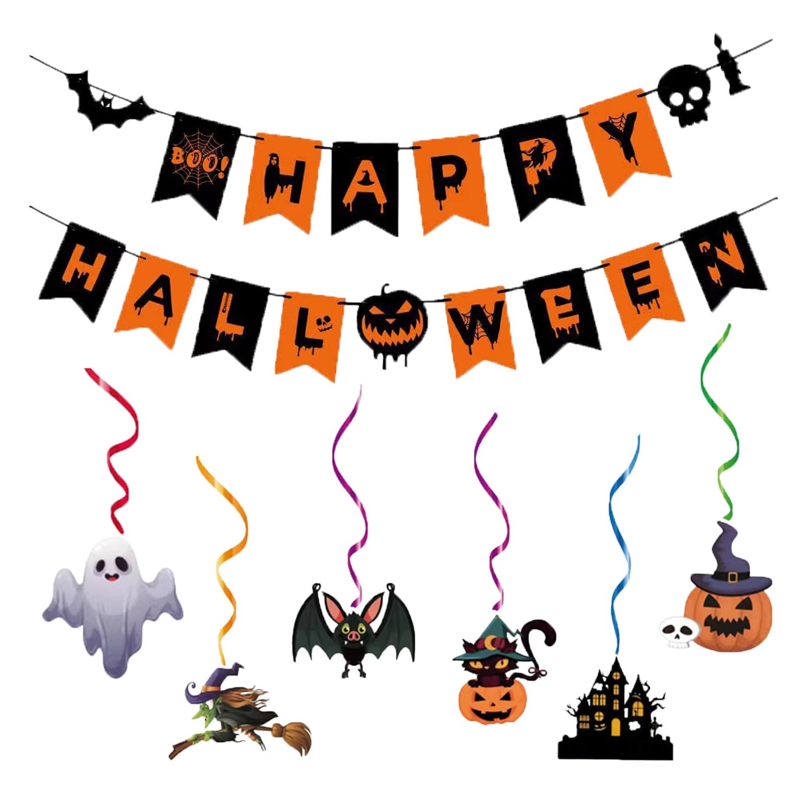 DWEARTY Happy Halloween Party Banner and 6 Hanging Decorations - Halloween Indoor Party Sign - Halloween Supplies for School, Home, and Office