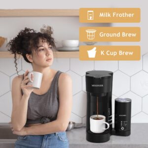 MIKESIER 3IN1 Single Serve Coffee Maker for K Cup & Ground, Small Coffee Machine with Milk Frother, 6-14oz Brew Size, 28oz Water Tank, Adjustable Drip Tray