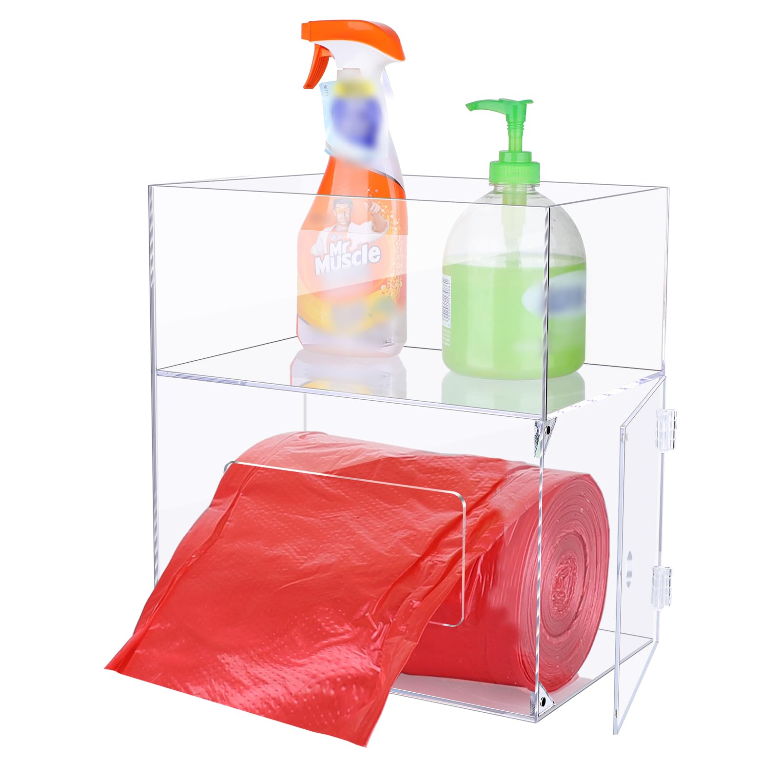 mwellewm Trash Bag Dispenser 2 in 1 Extra Large Acrylic Garbage Bag Roll Holder Under Sink Plastic Bag Storage Box with Lid Kitchen Inside Trash Can Grocery Bag Organizer(10.4 x 6.5 x 11.4 inches)