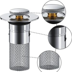 Pop Up Sink Drain Filter,2024 Universal Bathroom Sink Stopper,Basin Sink Plug with Removable Stainless Steel Filter Basket Hair Catcher Sink Stopper Replacement,Floor Sink Drain Strainer (2pcs)