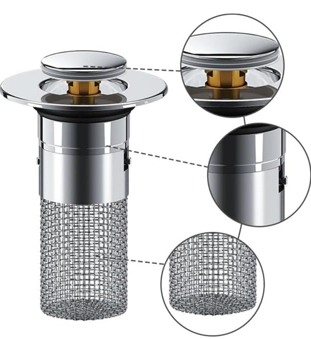 Pop Up Sink Drain Filter,2024 Universal Bathroom Sink Stopper,Basin Sink Plug with Removable Stainless Steel Filter Basket Hair Catcher Sink Stopper Replacement,Floor Sink Drain Strainer (2pcs)