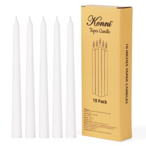 konni 10 inch white taper candles, unscented and smokeless tall candlesticks, 10 pack tapered candles with cotton wicks, long burning, ideal for weddings, dinner parties, and home décor