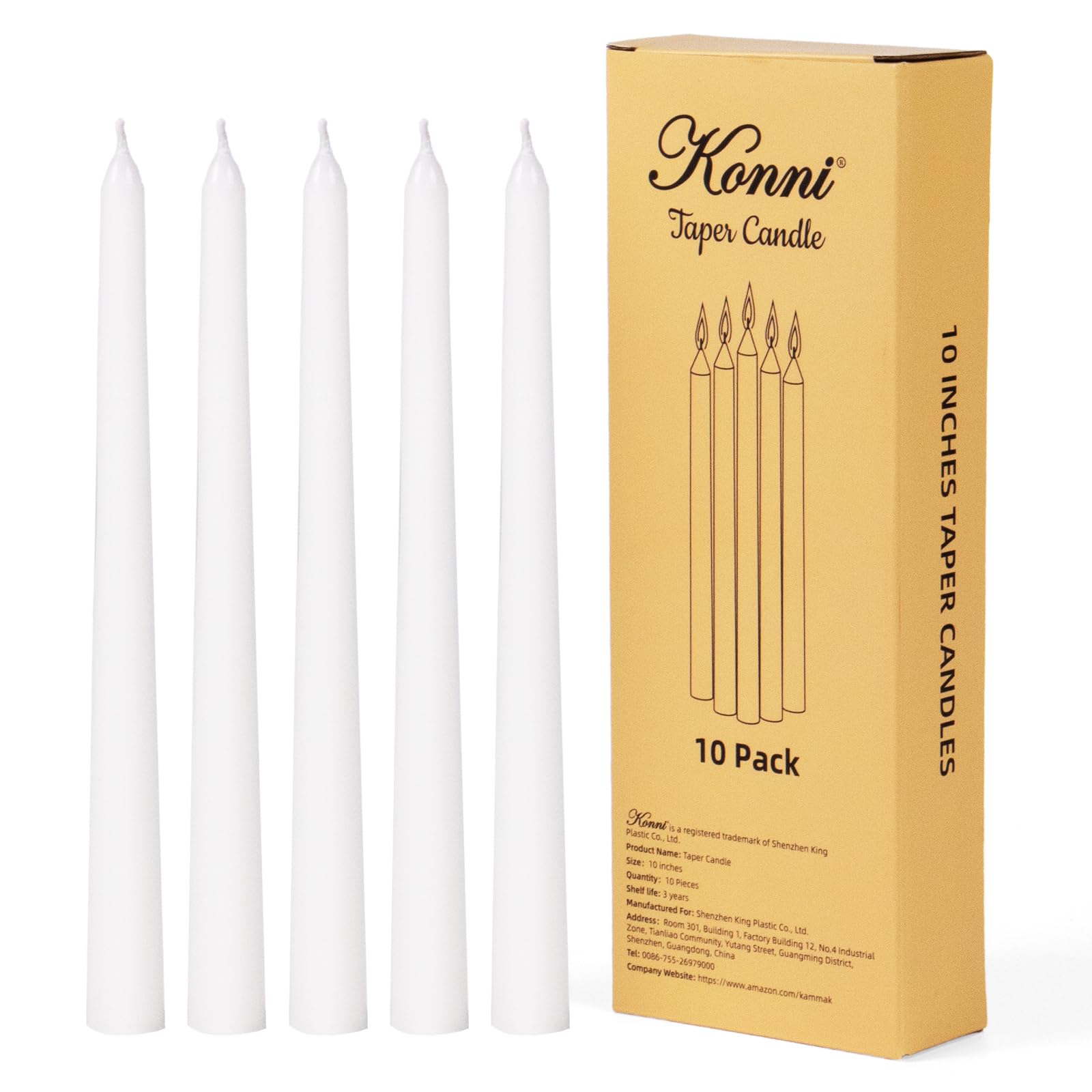 KONNI 10 Inch White Taper Candles, Unscented and Smokeless Tall Candlesticks, 10 Pack Tapered Candles with Cotton Wicks, Long Burning, Ideal for Weddings, Dinner Parties, and Home Décor