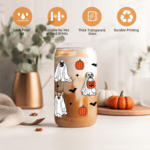 Coolife Funny Halloween Dog Ghost Cup, Cute Pumpkin Dog Iced Coffee Cup, 16oz Spooky Dog Tumbler Halloween Glass Cups w/Lids Straws, Boo Basket Stuffers, Halloween Gifts for Dog Lover, Dog Mom, Women