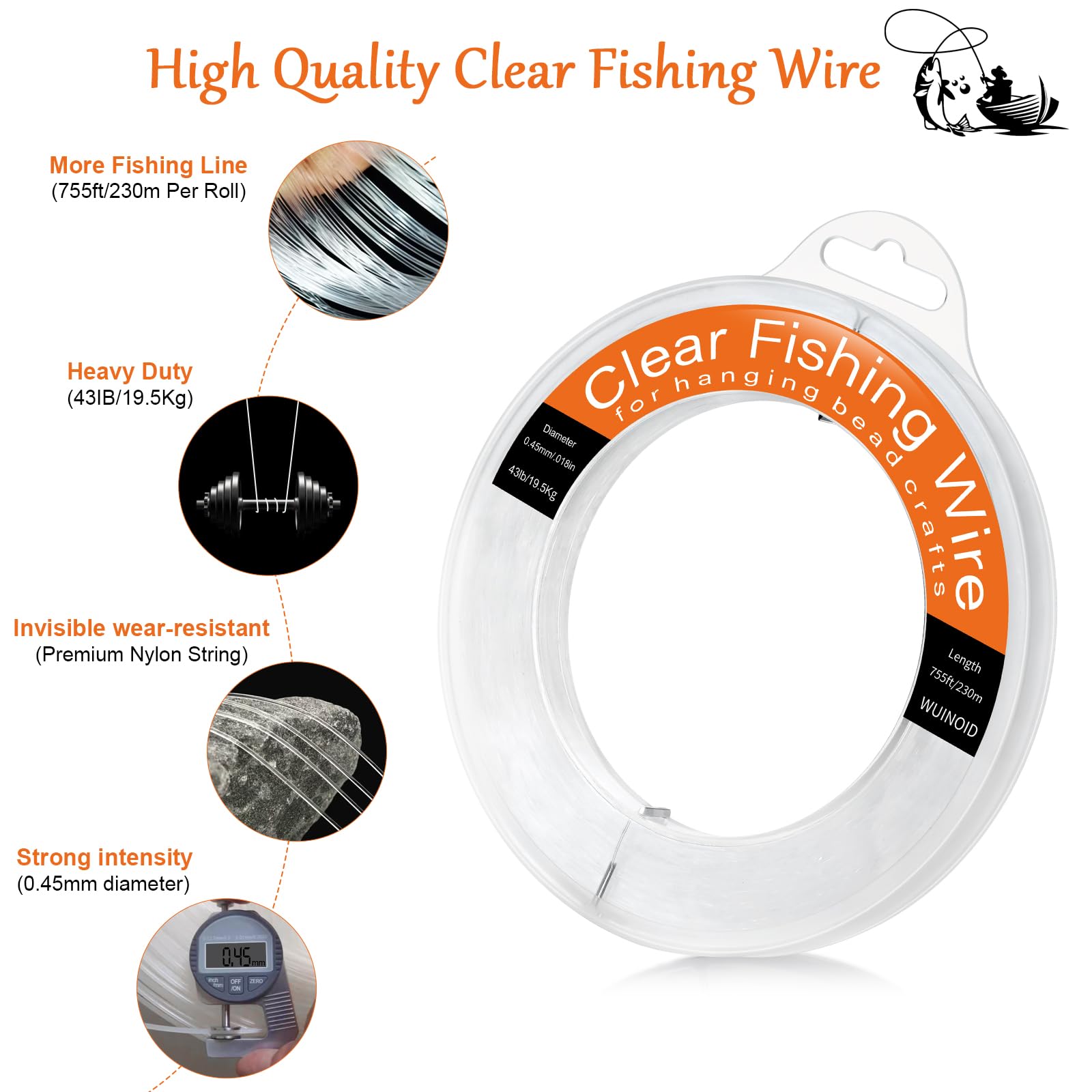 Clear Fishing Line Wire 755 ft, Invisible Fishing Wire Nylon String for Hanging Balloons Crafts Picture Decorations, Clear String for Bracelets Necklaces, Jewelry Making Beading Threads Cords, WUINDID