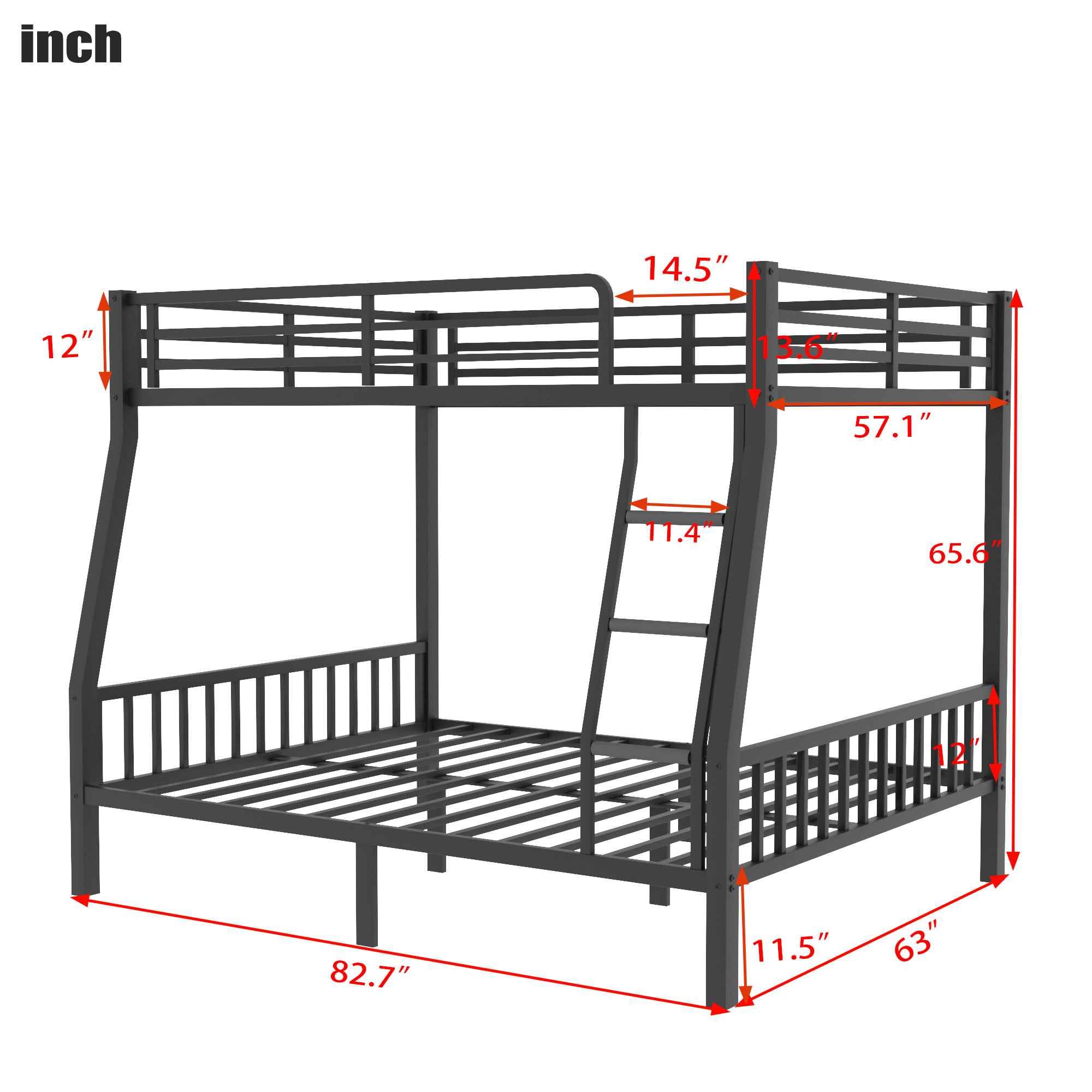 ATY Metal Full XL Over Queen Bunk Bed with Ladder and Guardrail, Sturdy Bedframe w/Slat Support, for Kids's Bedroom, Dorm, No Spring Need Required, 82.7"x 70"x 65.6" (L x W x H), Black