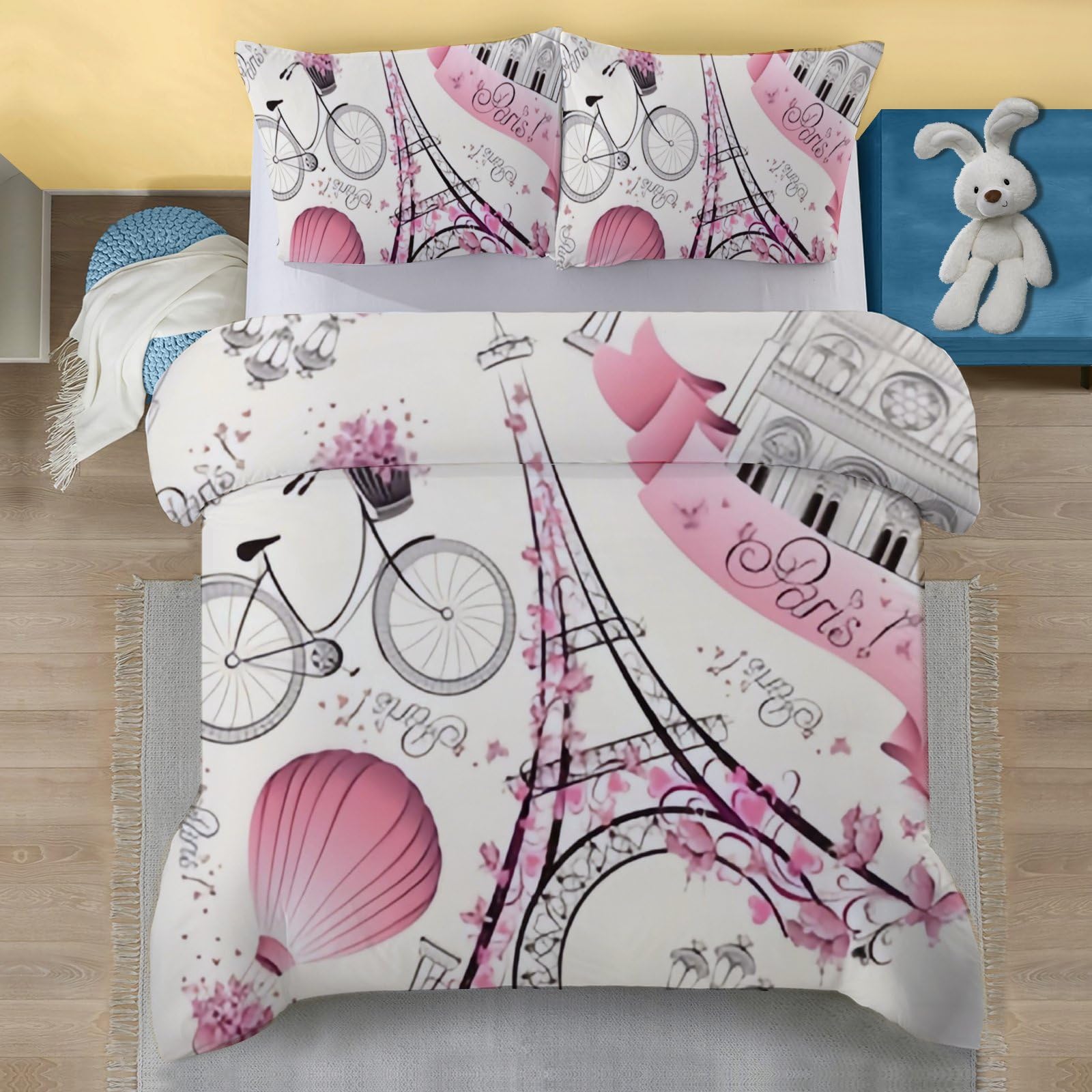 YULEEE Eiffel Tower Duvet Cover Queen Size - Pink Bedding Set, Bedroom Decor, Hot Air Balloon Quilt Cover with Zipper Closure, 3 Pcs Reversible Soft Comforter Cover Set